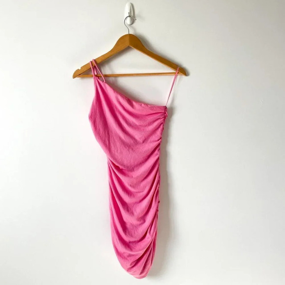 Princess Polly Reece One Shoulder Ribbed Ruched Mini Dress Bubblegum Pink Sz 6 - Picture 2 of 6